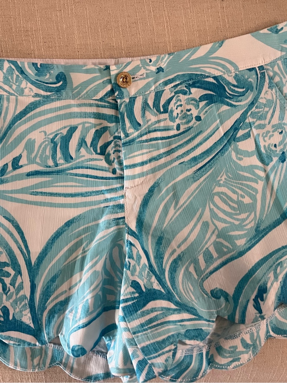 Lilly Pulitzer Turquoise & White Tropical Print Skirt with Gold Button